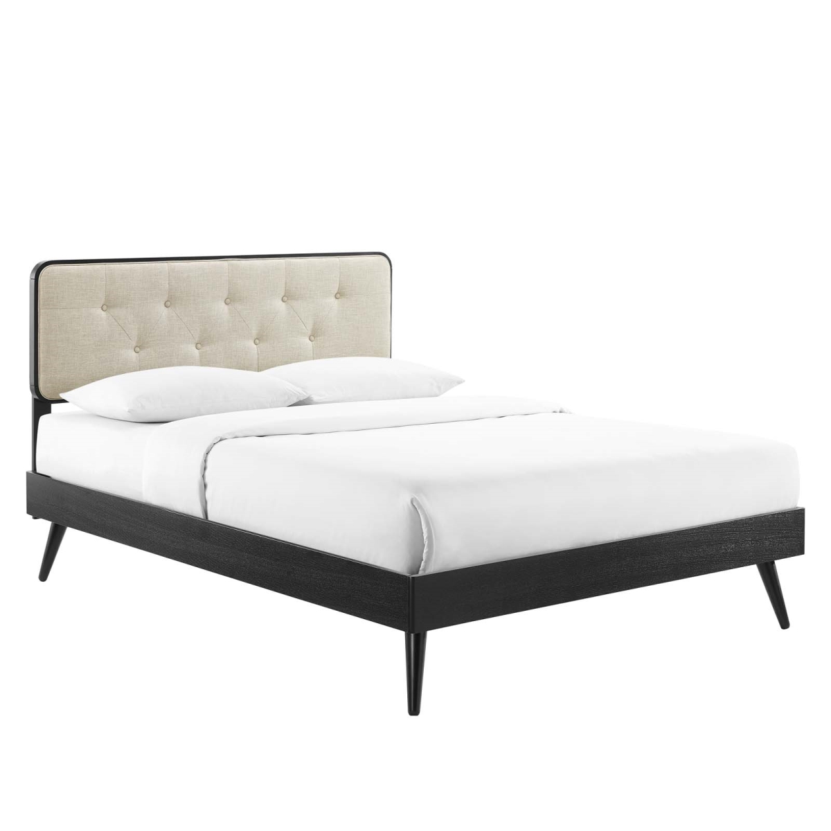 MOD-6647-BLK-BEI Bridgette King Size Wood Platform Bed with Splayed Legs, Black & Beige