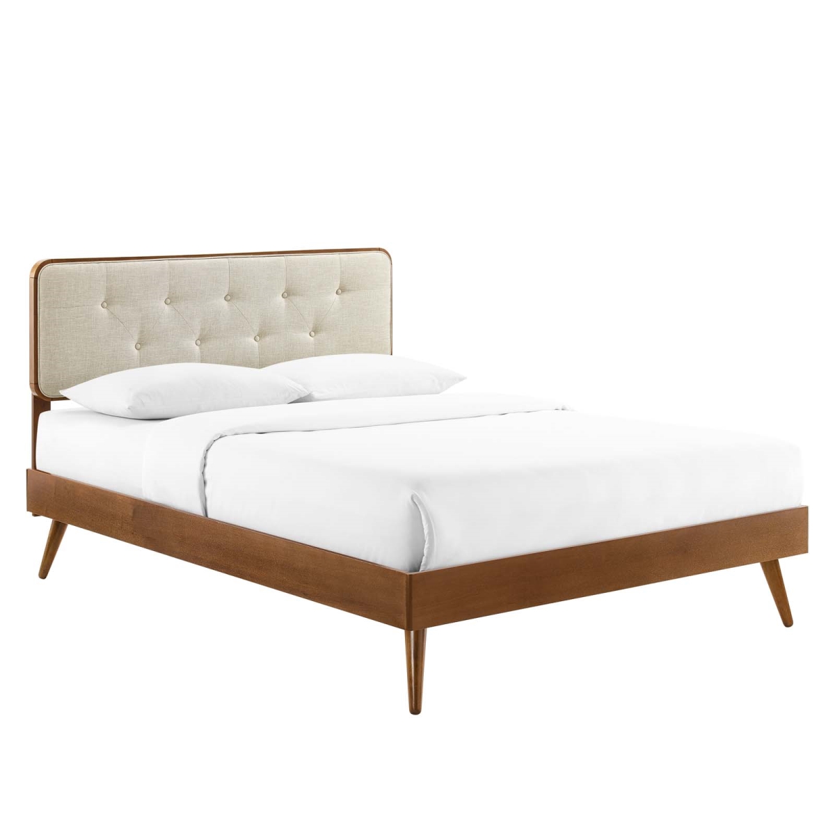 MOD-6646-WAL-BEI Bridgette Full Size Wood Platform Bed with Splayed Legs, Walnut Beige