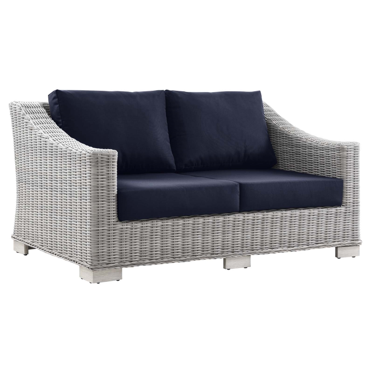 EEI-4841-LGR-NAV Conway Outdoor Patio Wicker Rattan Loveseat Sofa, Light Gray & Navy