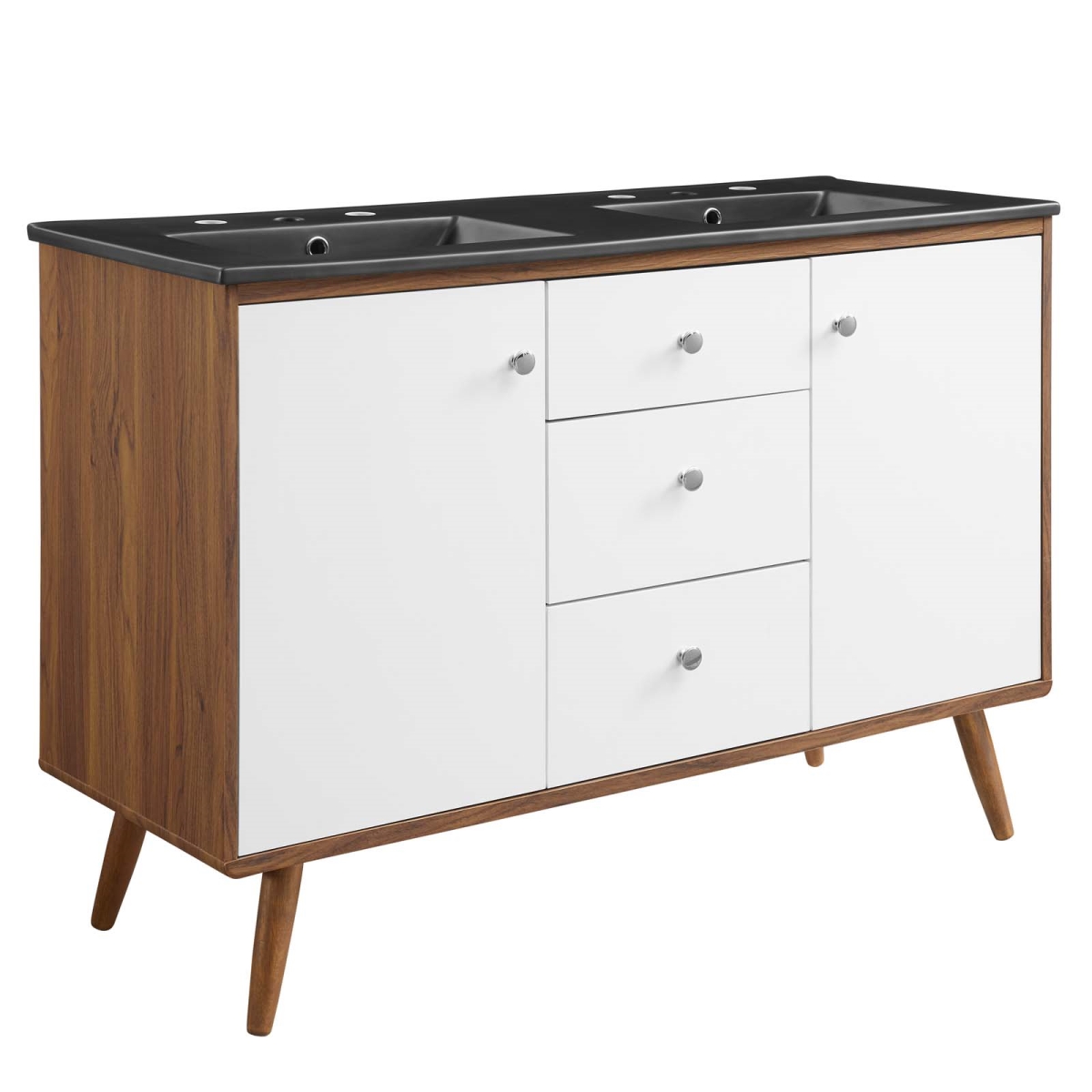 EEI-5380-WAL-BLK 48 in. Transmit Double Sink Bathroom Vanity, Walnut & Black -  Modway Furniture