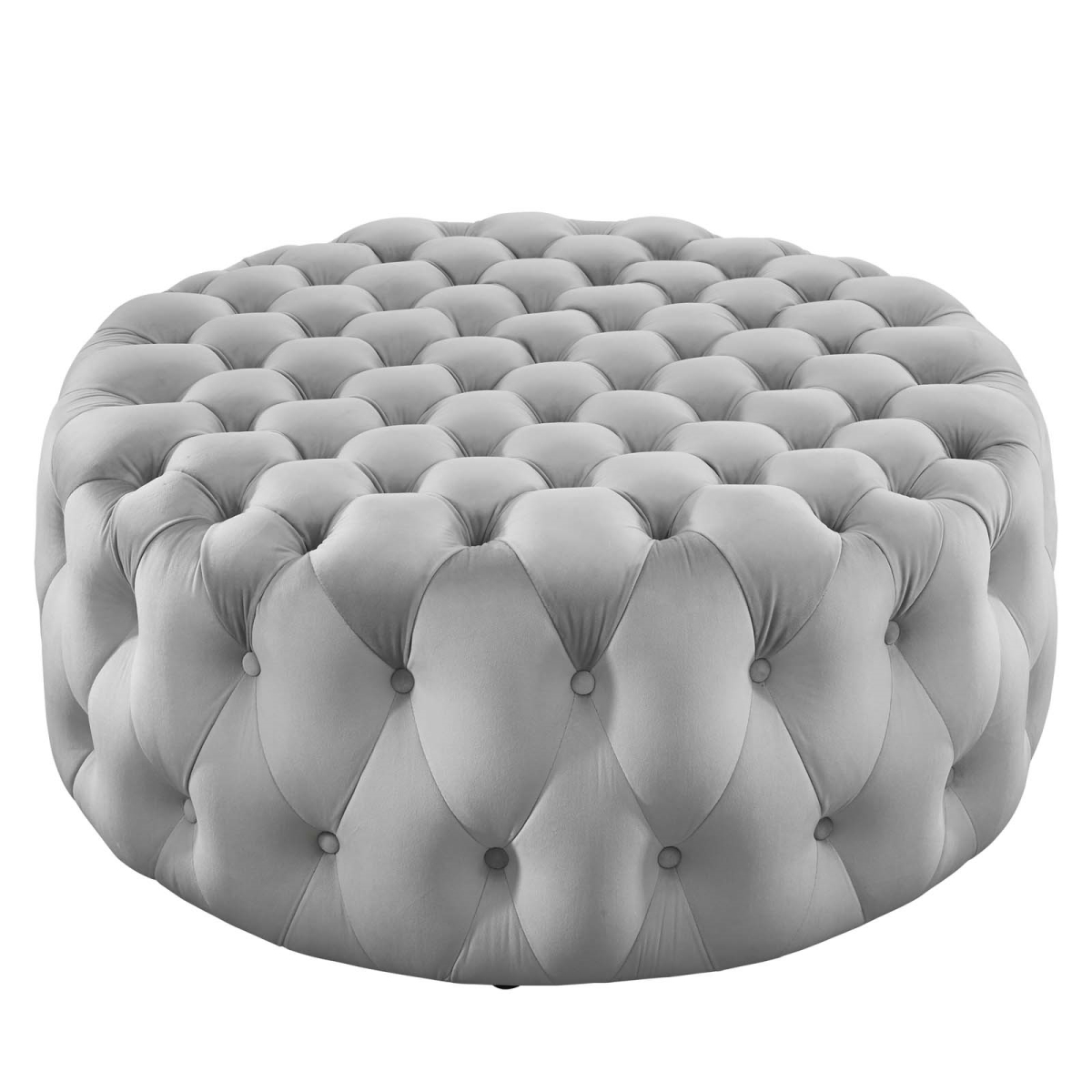 EEI-5469-LGR Amour Tufted Button Large Round Performance Velvet Ottoman, Light Gray