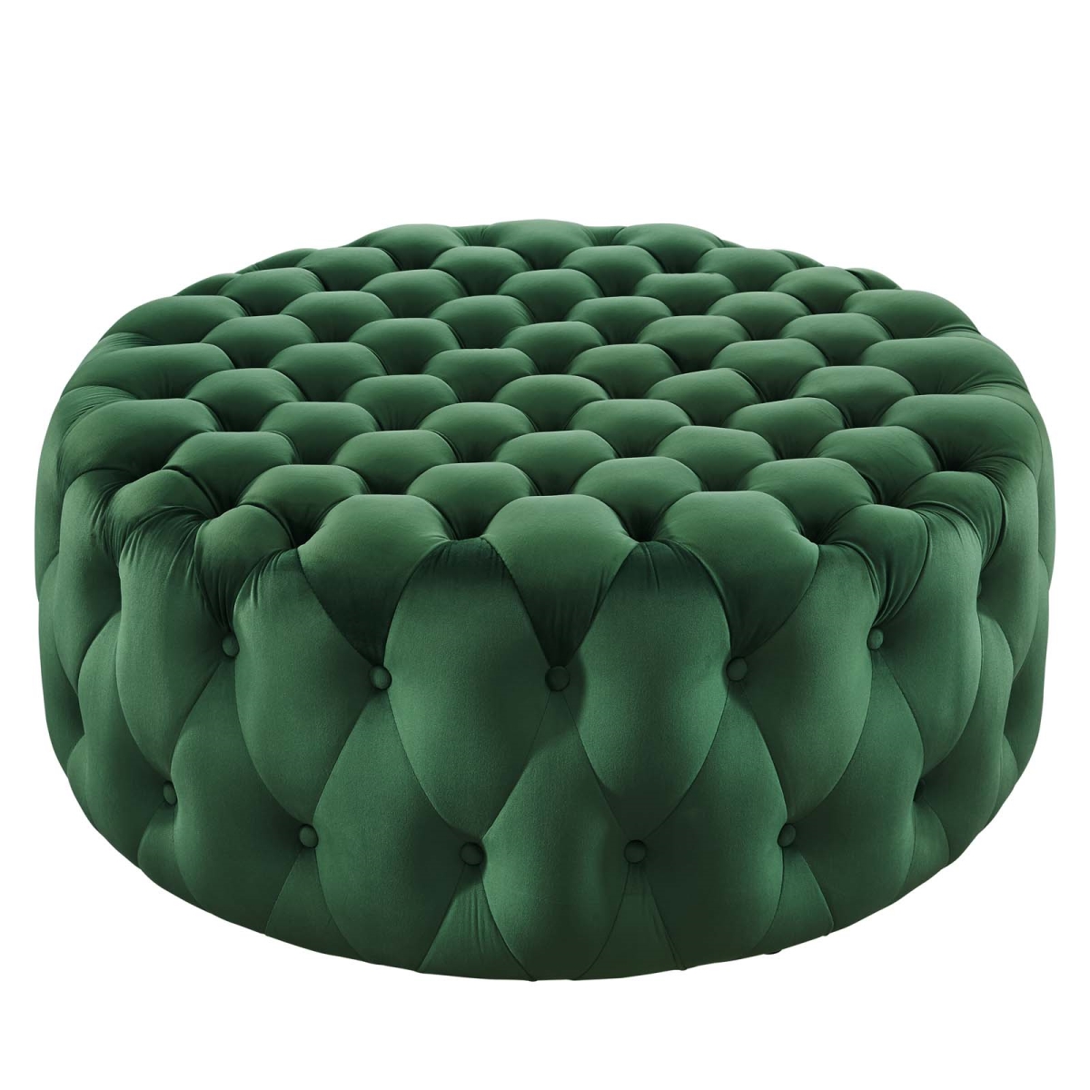 EEI-5469-EME Amour Tufted Button Large Round Performance Velvet Ottoman, Emerald