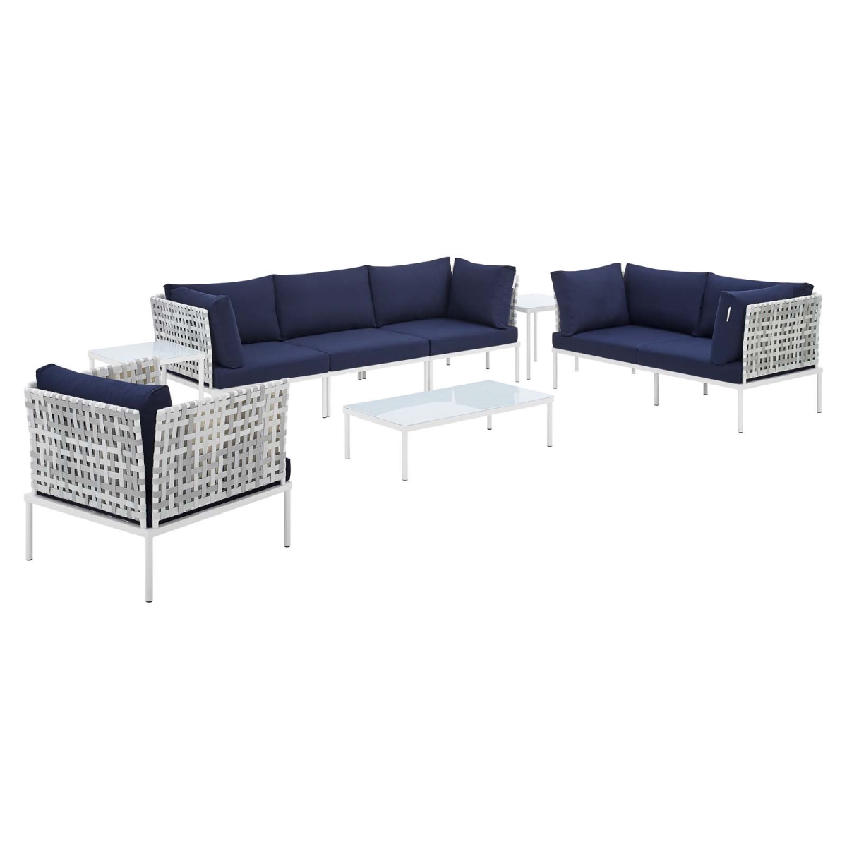 Picture of Modway Furniture EEI-4946-TAU-NAV-SET 8 Piece Harmony Sunbrella Basket Weave Outdoor Patio Aluminum Seating Set&#44; Taupe & Navy - 32 x 163 x 97 in.