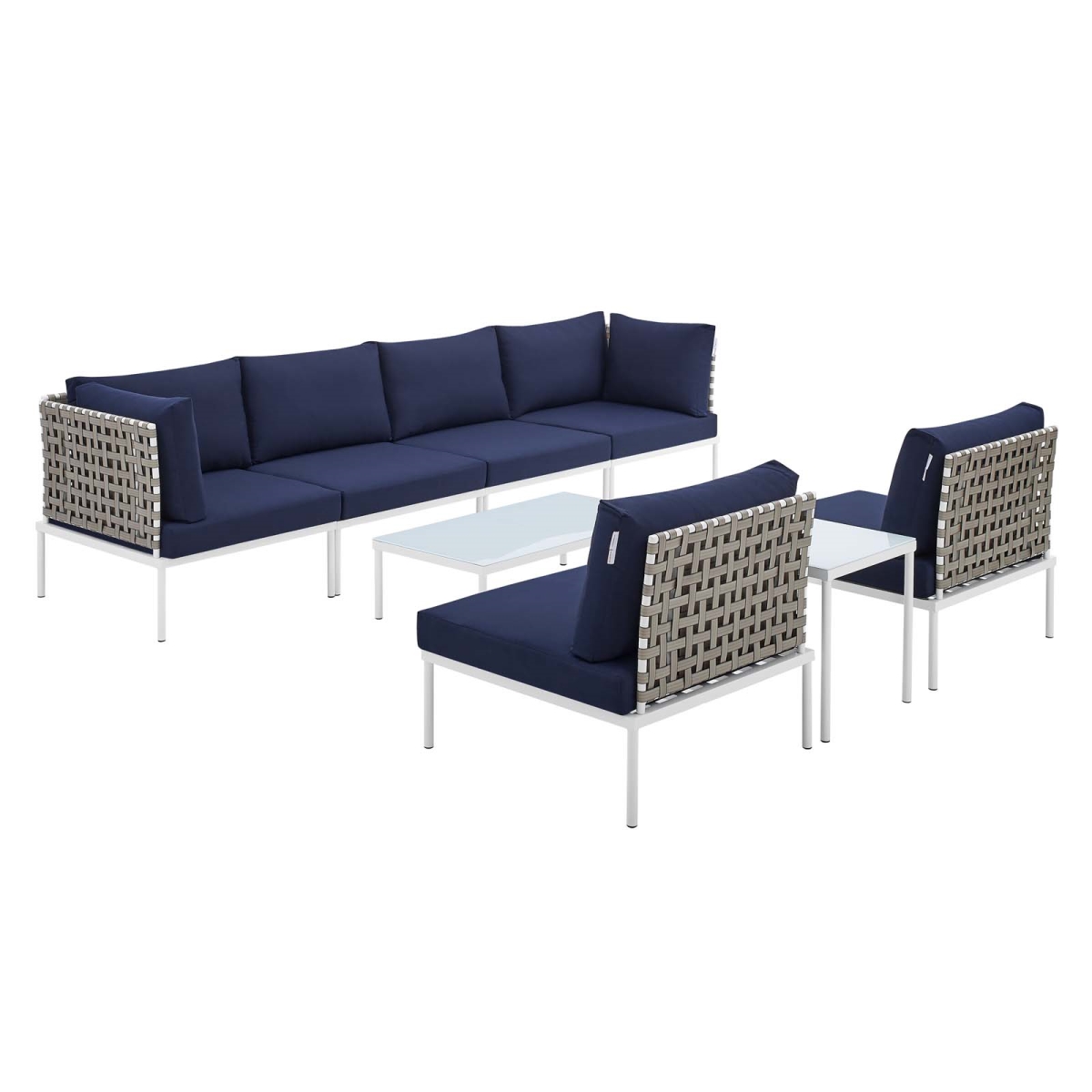 EEI-4943-TAN-NAV-SET 32 x 129 x 87.5 in. Harmony 8 Piece Sunbrella Basket Weave Outdoor Patio Aluminum Sectional Sofa Set, Tan & Navy -  Modway Furniture