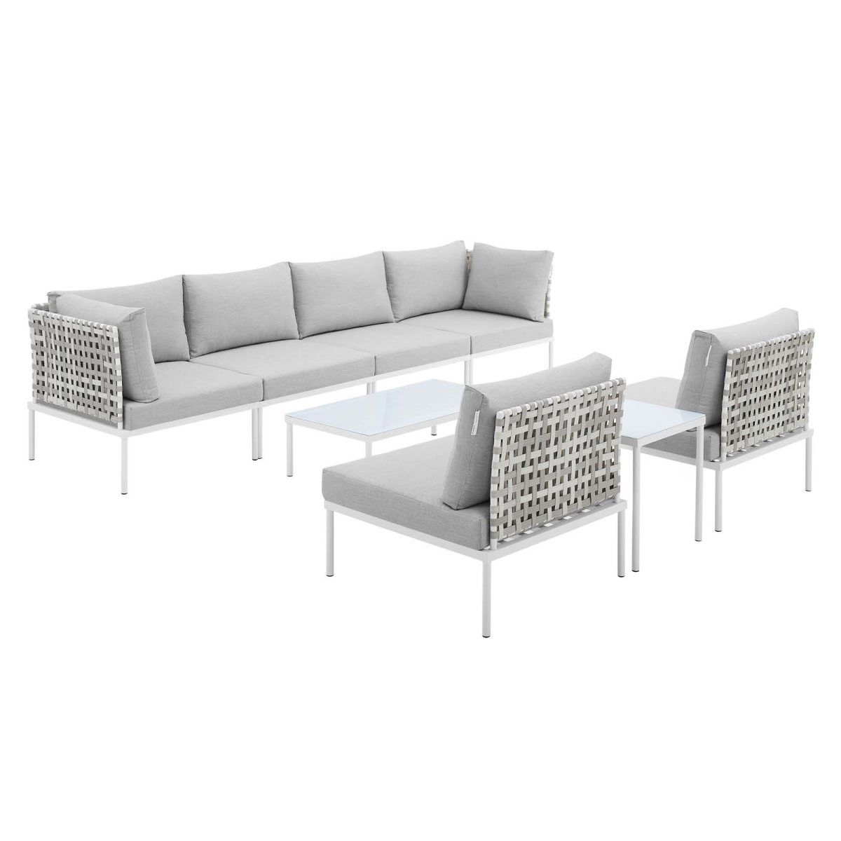 EEI-4943-TAN-GRY-SET 32 x 129 x 87.5 in. Harmony 8 Piece Sunbrella Basket Weave Outdoor Patio Aluminum Sectional Sofa Set, Tan & Gray -  Modway Furniture