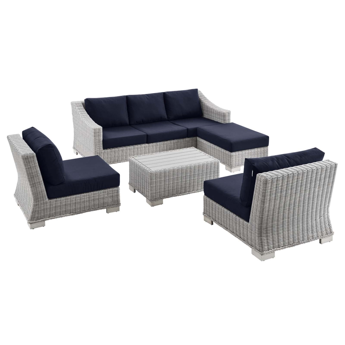 EEI-5097-NAV Conway Outdoor Patio Wicker Rattan Furniture Set, Light Gray & Navy -5 Piece -  Modway Furniture