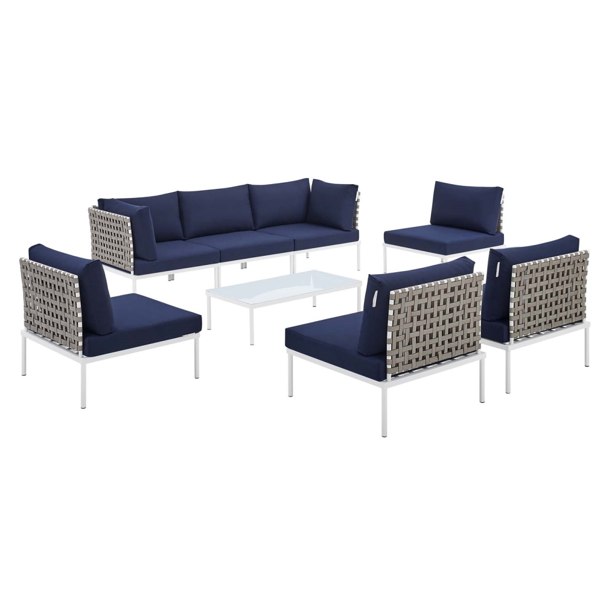 EEI-4939-TAN-NAV-SET 32 x 163.50 x 97.5 in. Harmony 8 Piece Sunbrella Basket Weave Outdoor Patio Aluminum Sectional Sofa Set, Tan & Navy -  Modway Furniture