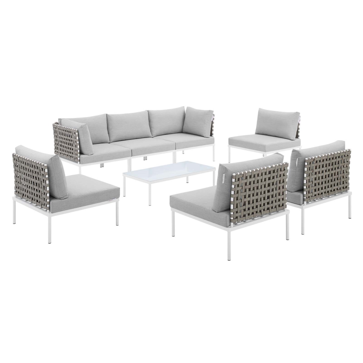 EEI-4939-TAN-GRY-SET 32 x 163.50 x 97.5 in. Harmony 8 Piece Sunbrella Basket Weave Outdoor Patio Aluminum Sectional Sofa Set, Tan & Gray -  Modway Furniture