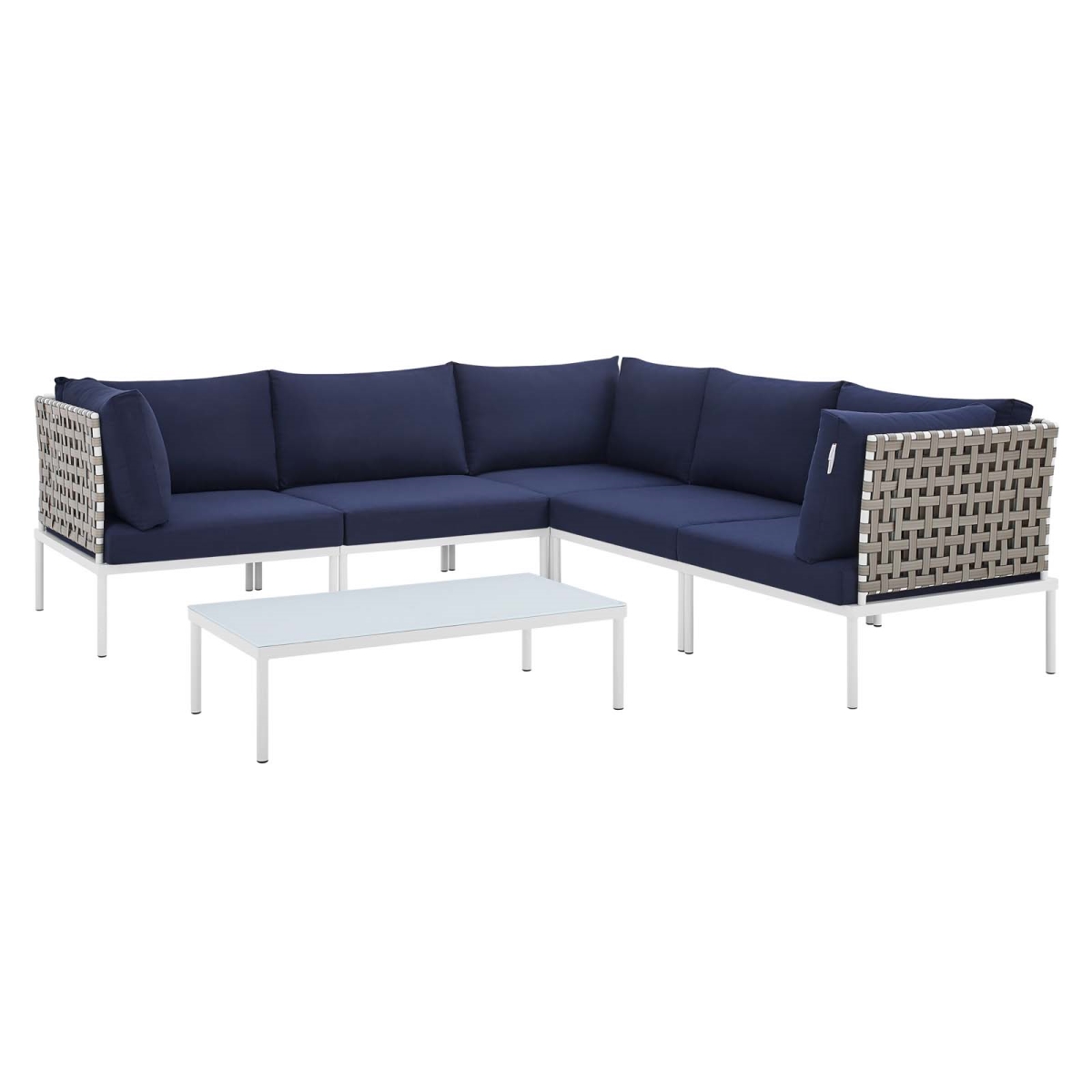 EEI-4927-TAN-NAV-SET 32 x 97.5 x 97.5 in. Harmony 6 Piece Sunbrella Basket Weave Outdoor Patio Aluminum Sectional Sofa Set, Tan & Navy -  Modway Furniture