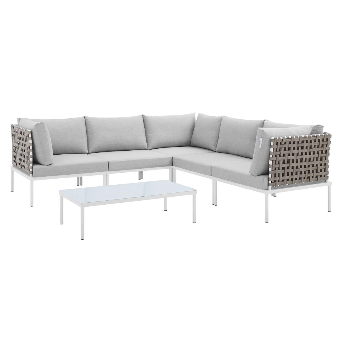 EEI-4927-TAN-GRY-SET 32 x 97.5 x 97.5 in. Harmony 6 Piece Sunbrella Basket Weave Outdoor Patio Aluminum Sectional Sofa Set, Tan & Gray -  Modway Furniture