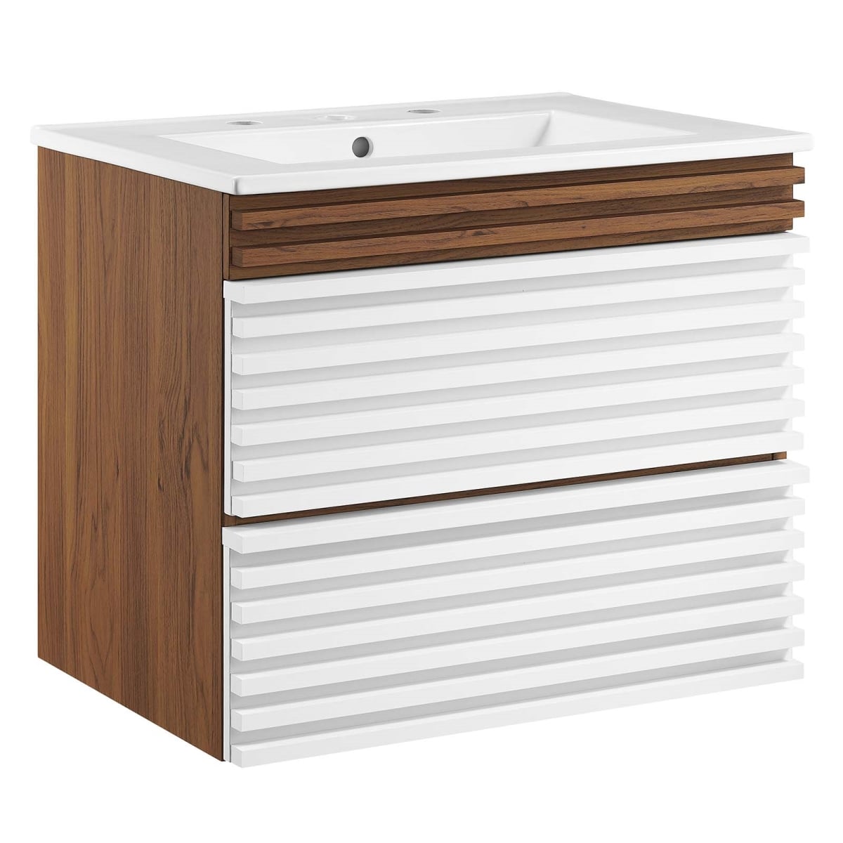 EEI-4433-WHI-WAL-WHI 24 in. Render Wall-Mount Bathroom Vanity, White & Walnut