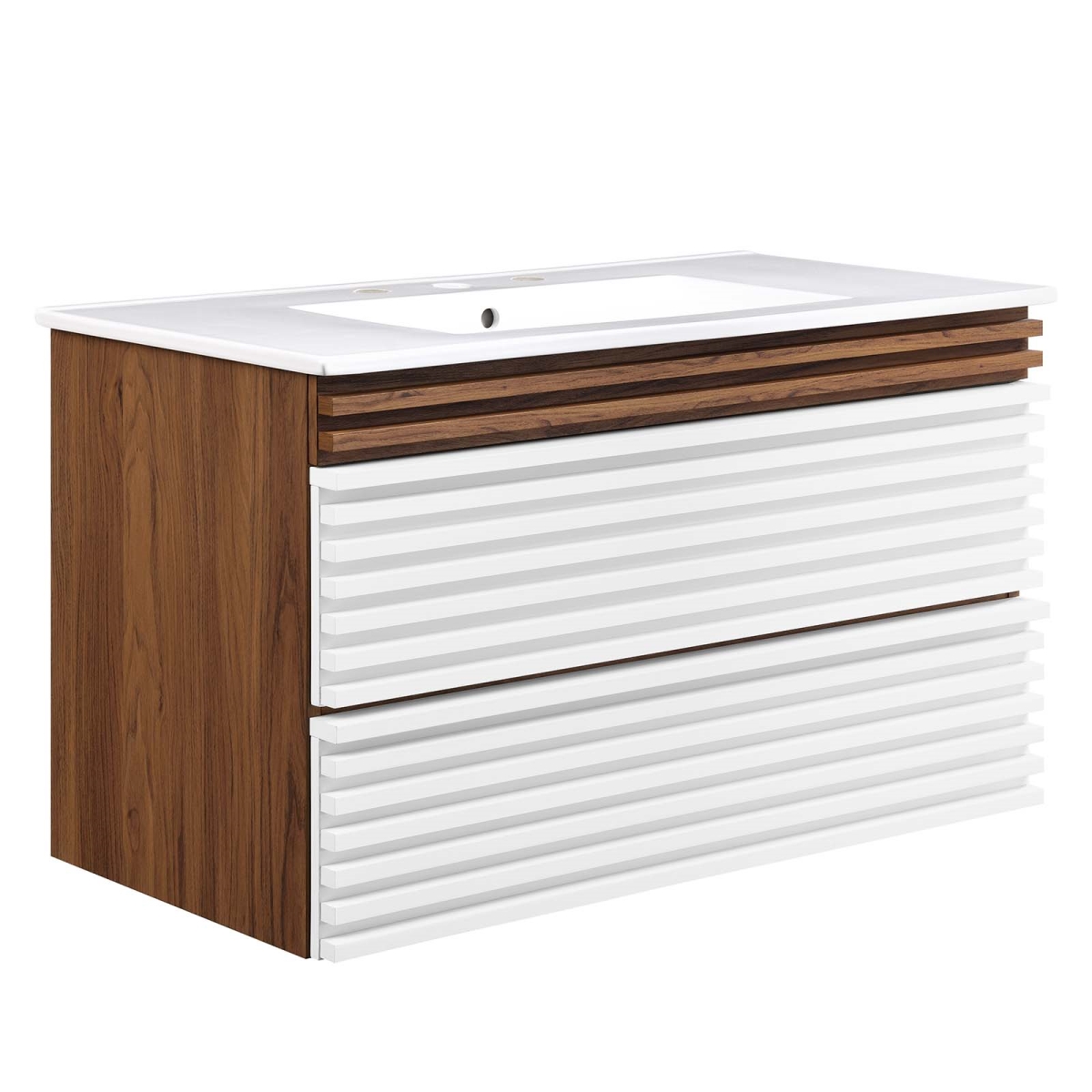 EEI-4436-WHI-WAL-WHI 36 in. Render Wall-Mount Bathroom Vanity, White & Walnut