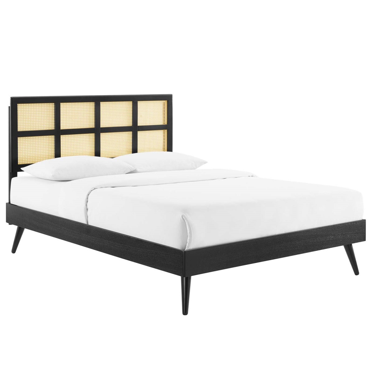 MOD-6370-BLK Sidney Cane & Wood Platform Bed with Splayed Legs, Black - Queen Size