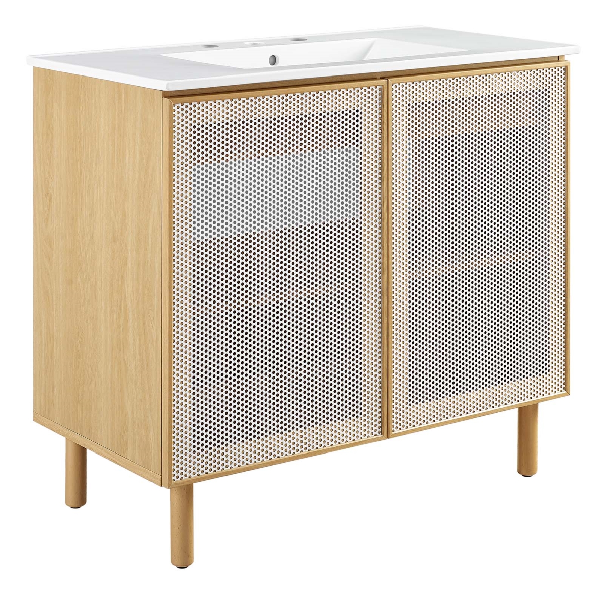 EEI-6678-WHI-OAK 36 in. Calla Perforated Metal Bathroom Vanity, White & Oak