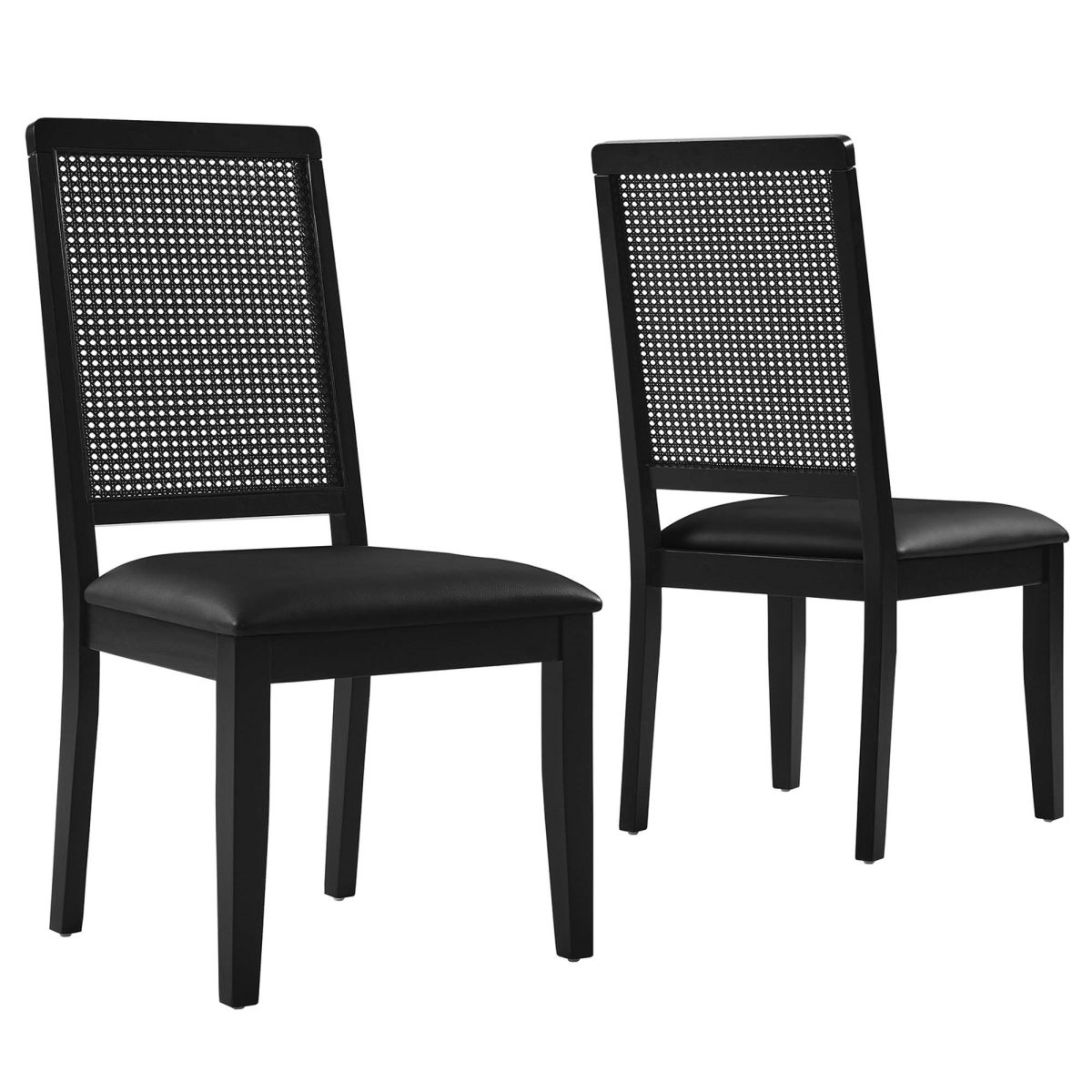 EEI-6802-BLK-BLK-BLK Arlo Vegan Leather Faux Rattan & Wood Dining Side Chairs, Black - Set of 2