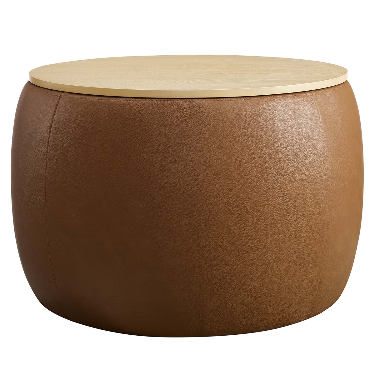EEI-6687-TAN Perla Round Vegan Leather Storage Ottoman, Tan