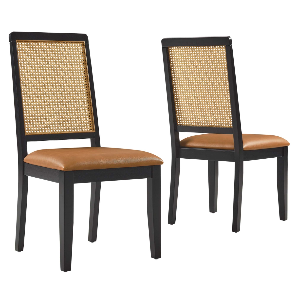 EEI-6802-BLK-NAT-TAN Arlo Vegan Faux Rattan & Wood Dining Side Chairs, Black & Natural Tan - Set of 2
