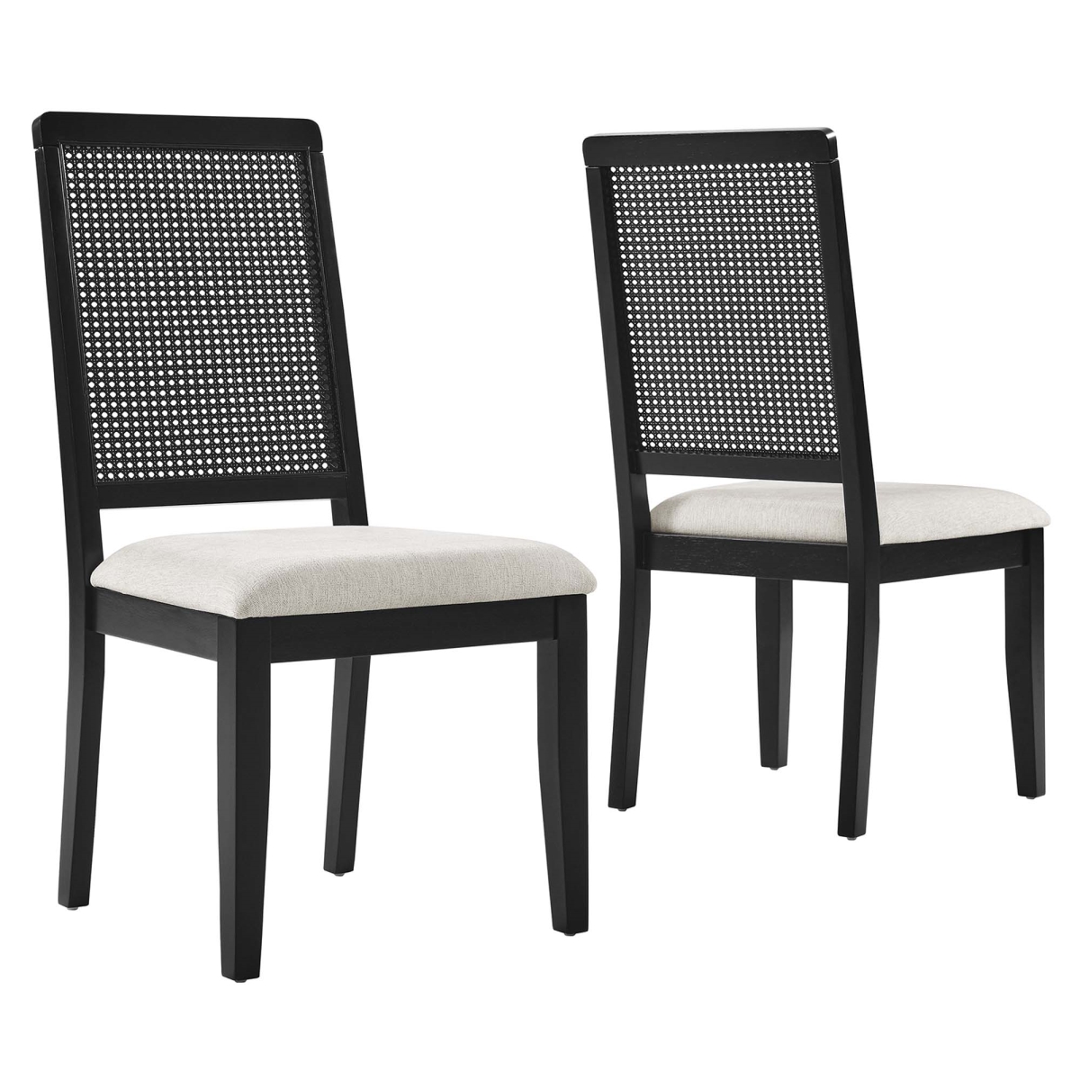 EEI-6803-BLK-BLK-HEI Arlo Faux Rattan & Wood Dining Side Chairs, Black Heathered Weave Ivory - Set of 2