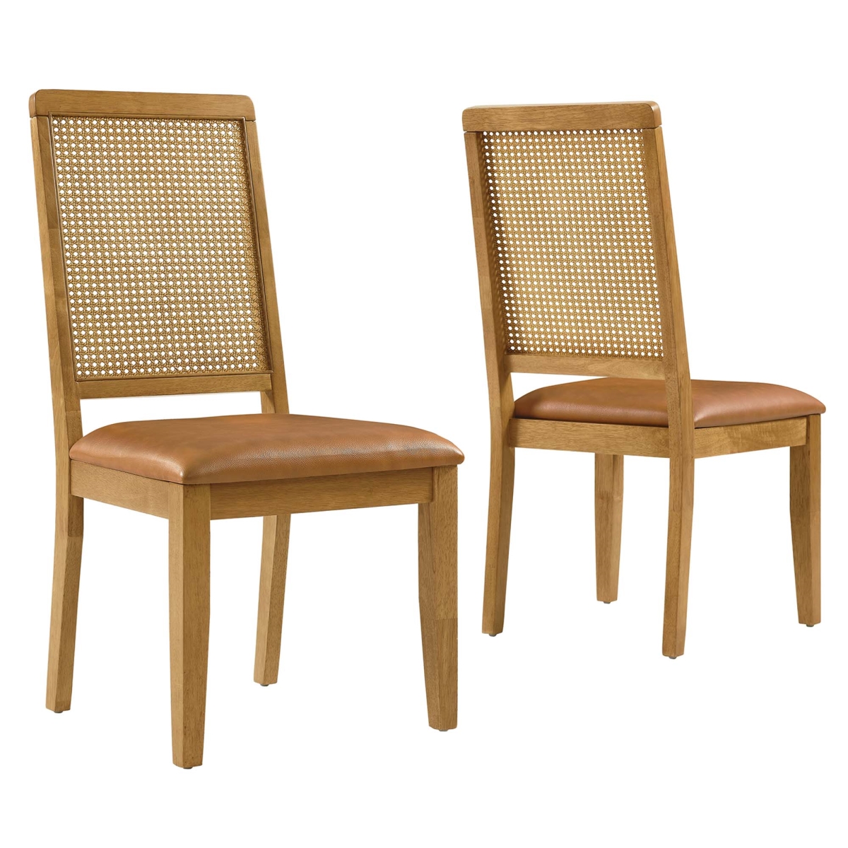 EEI-6802-NAT-NAT-TAN Arlo Vegan Upholstered Faux Rattan & Wood Dining Side Chairs, Natural Tan - Set of 2