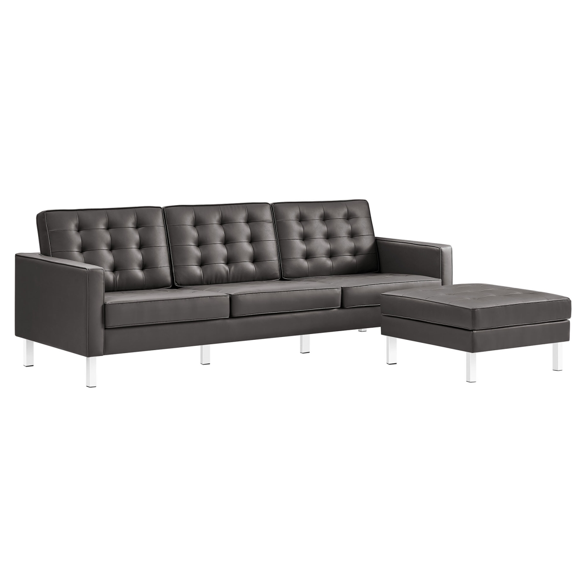 EEI-6410-SLV-GRY-SET Loft Tufted Vegan Leather Sofa & Ottoman Set, Silver Gray