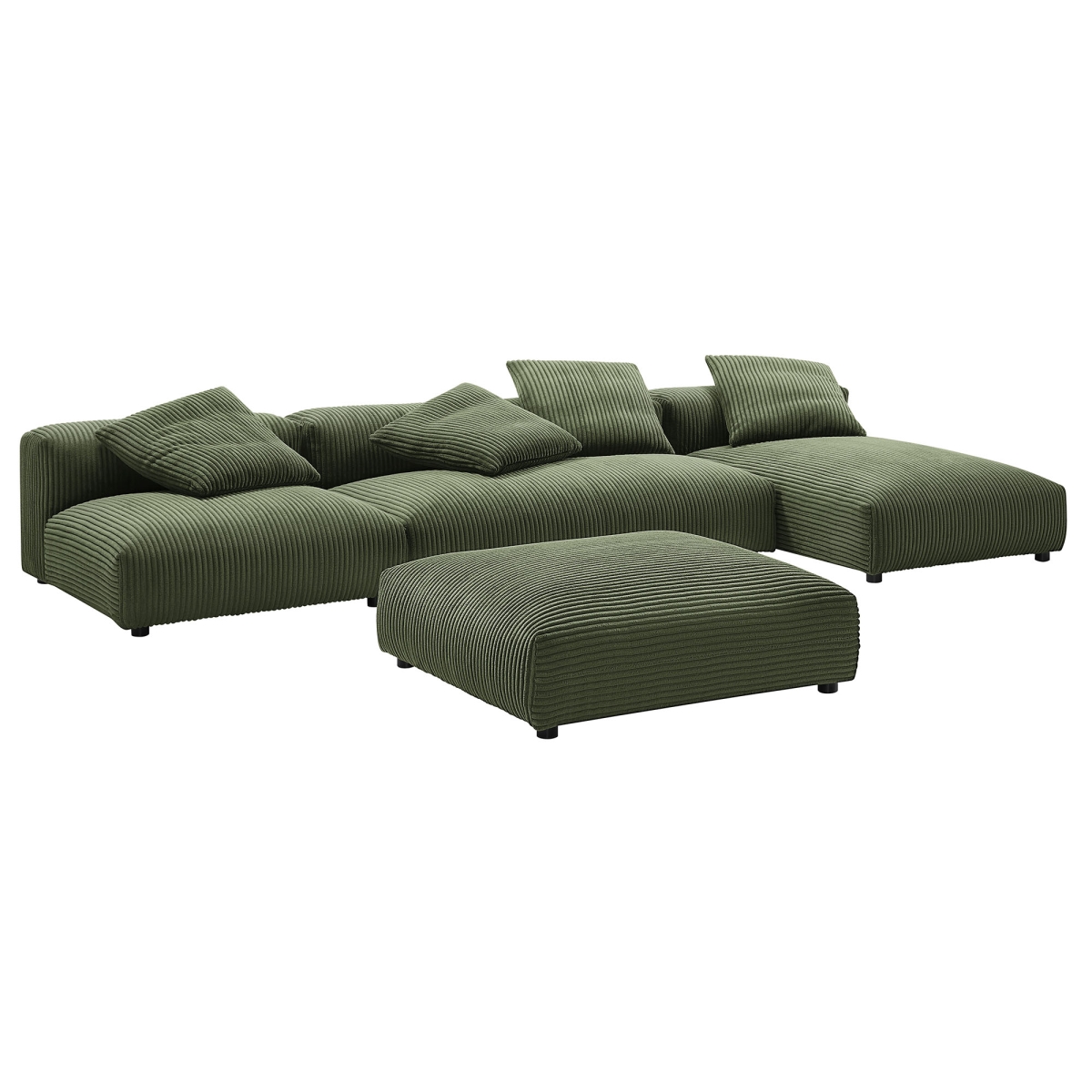 EEI-7032-FRN Solace Modular Corduroy Upholstered Sectional Sofa with Ottoman, Fern - 4 Piece