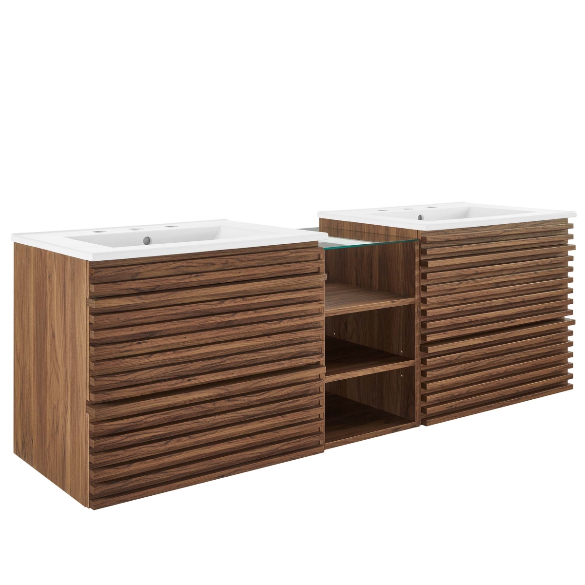 EEI-6941-WAL-WHI 62 in. Render Wall-Mount Double Sink Bathroom Vanity, Walnut White