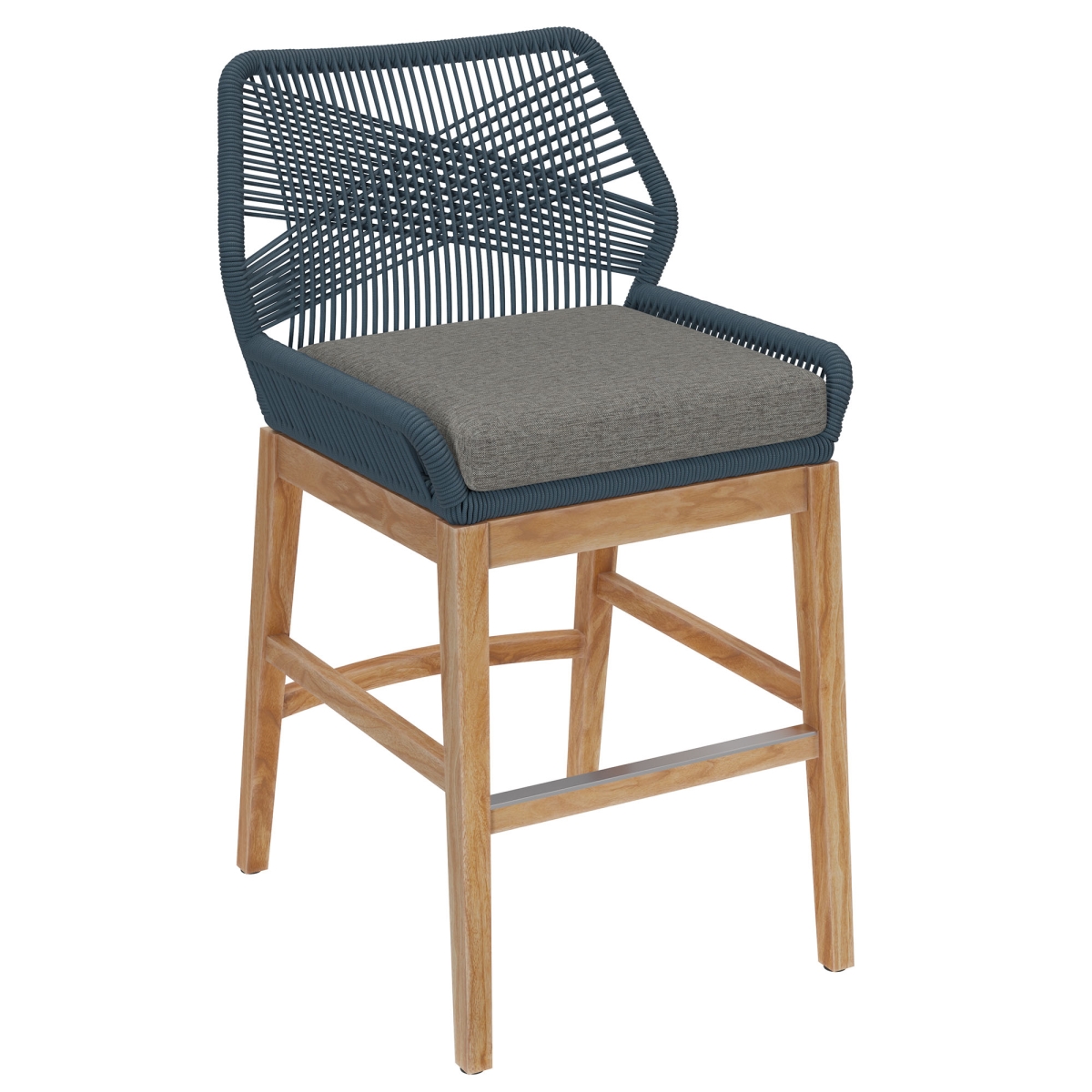 EEI-7126-BLU-GPH Wellspring Outdoor Patio Teak & Rope Counter Stool, Blue Graphite