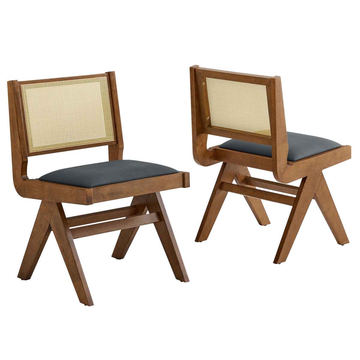 EEI-6920-WAL-BLK Thera Vegan Leather & Cane Dining Side Chairs, Walnut & Black - Set of 2