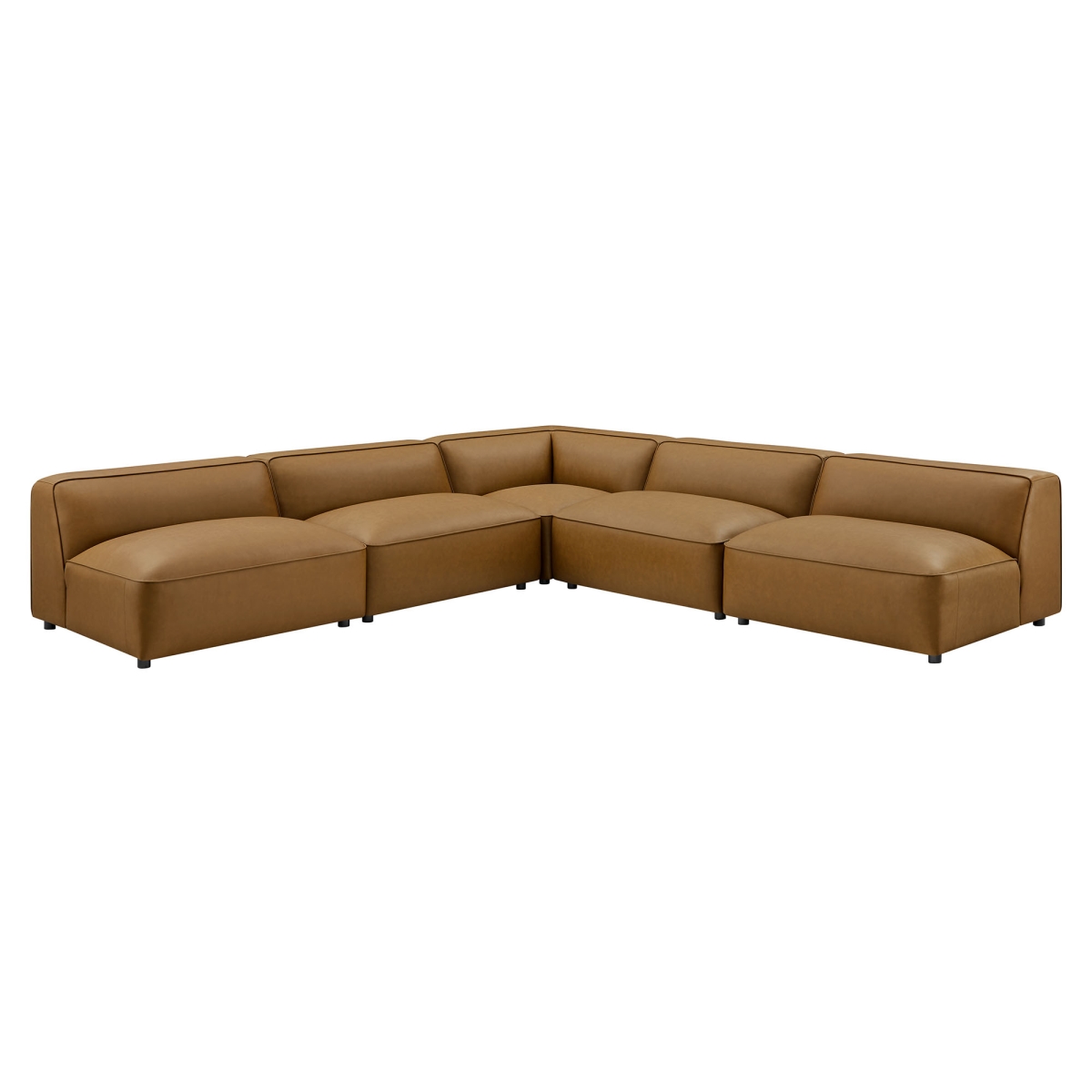 EEI-7133-CAM Auren Upholstered Armless L-Shaped Vegan Leather Modular Sofa, Camel - 5 Piece