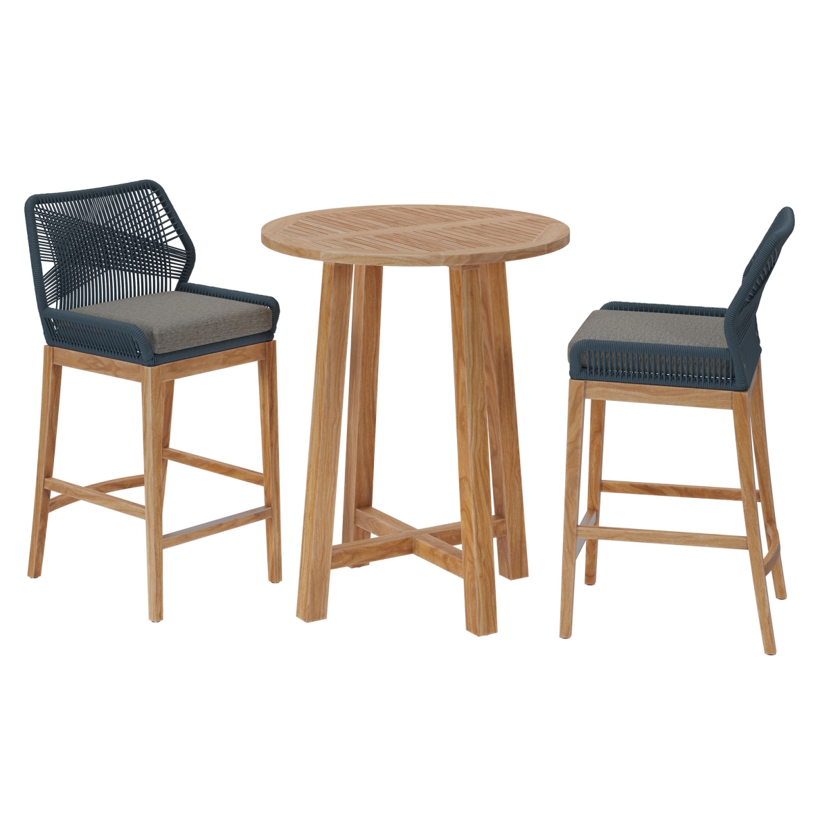 EEI-7163-BLU-GPH-SET 35.98 x 82.98 x 44.5 in. Wellspring Outdoor Patio Teak Wood Bar Set, Blue Graphite - 3 Piece