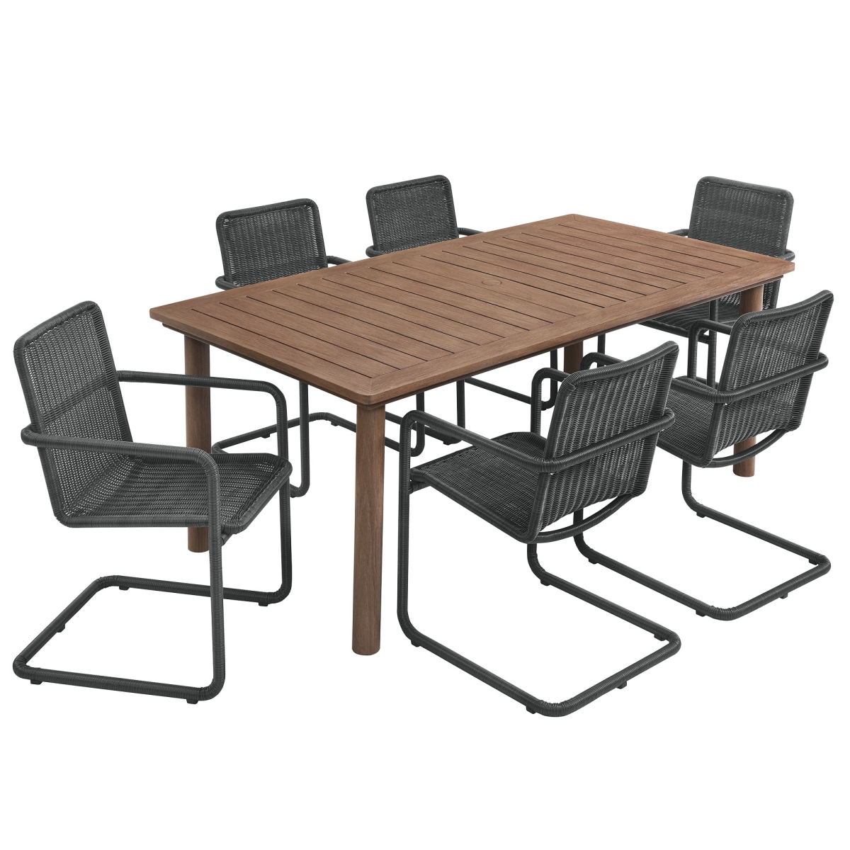 EEI-7073-SLA-WAL Abacus Rectangular Outdoor Patio Aluminum Dining Table Set with Rattan Armchairs, Slate Walnut - 7 Piece