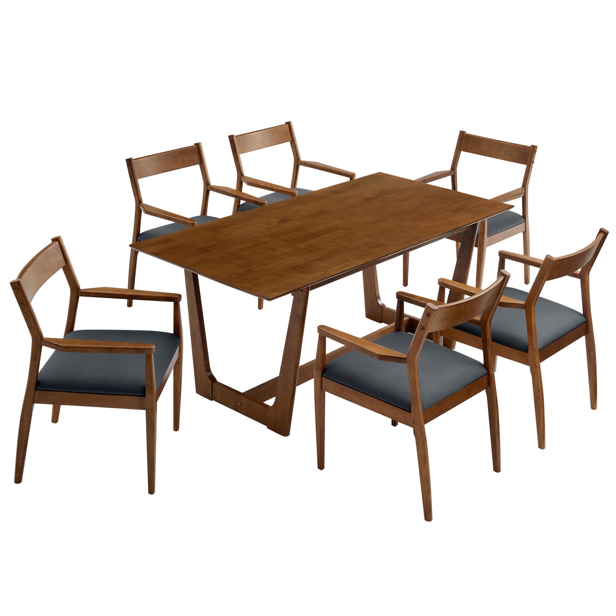EEI-7075-WAL-BLK Solara Wood Dining Set with Vegan Leather Armchairs, Walnut & Black - 7 Piece
