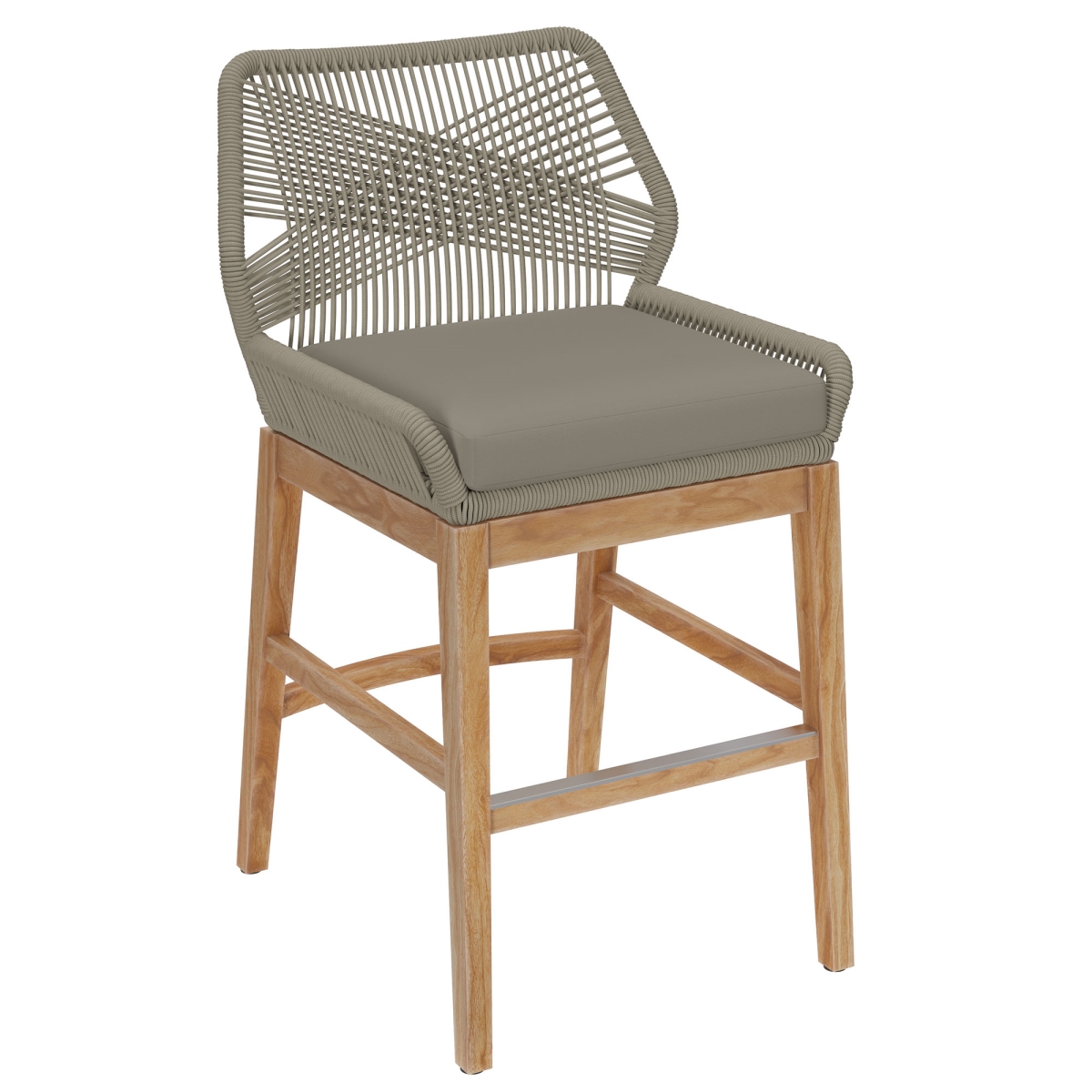 EEI-7126-LGR-GRG Wellspring Outdoor Patio Teak & Rope Counter Stool, Light Gray & Greige