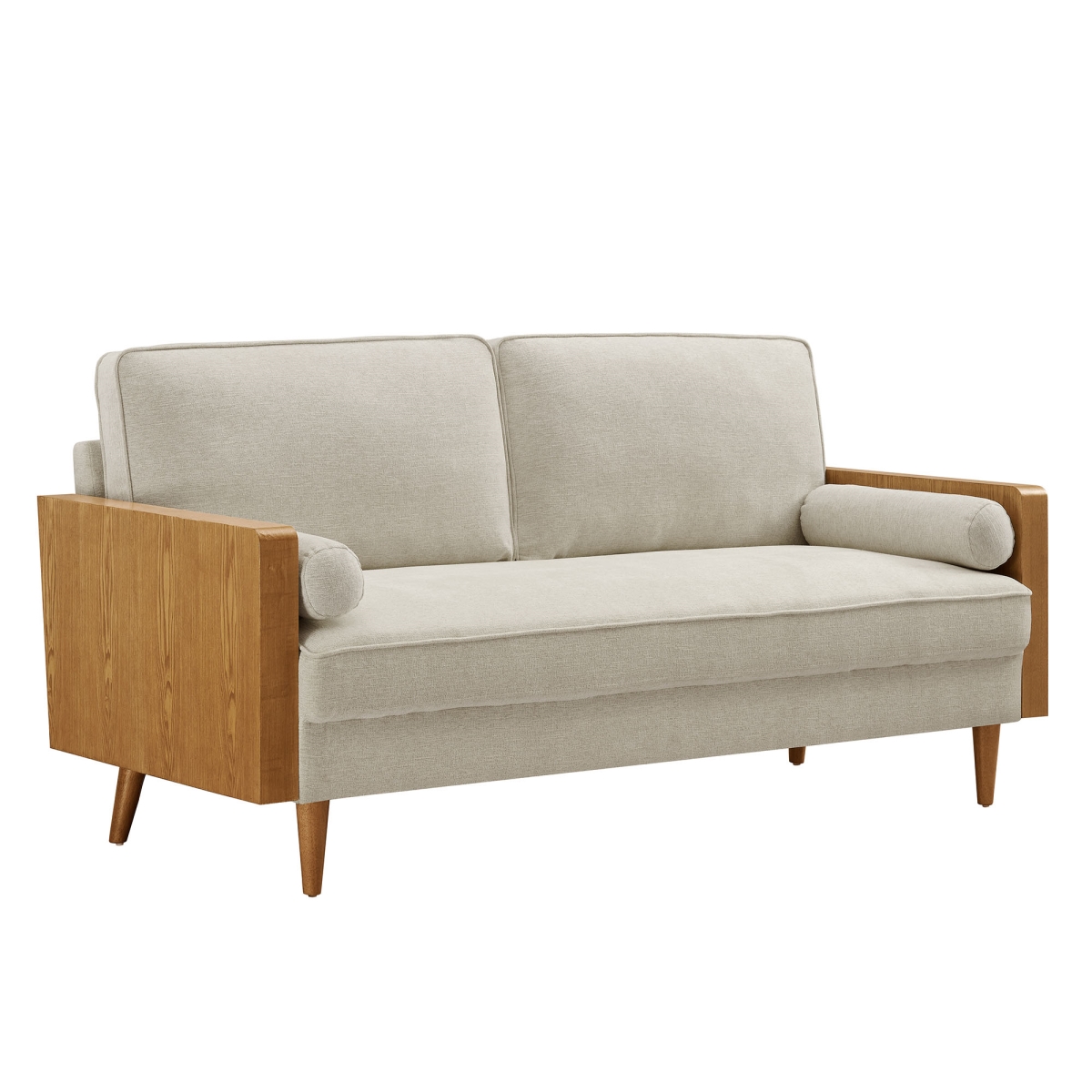 EEI-6961-WAL-HLB Kellan Fabric Upholstered Sofa, Walnut & Heathered Weave Light Beige