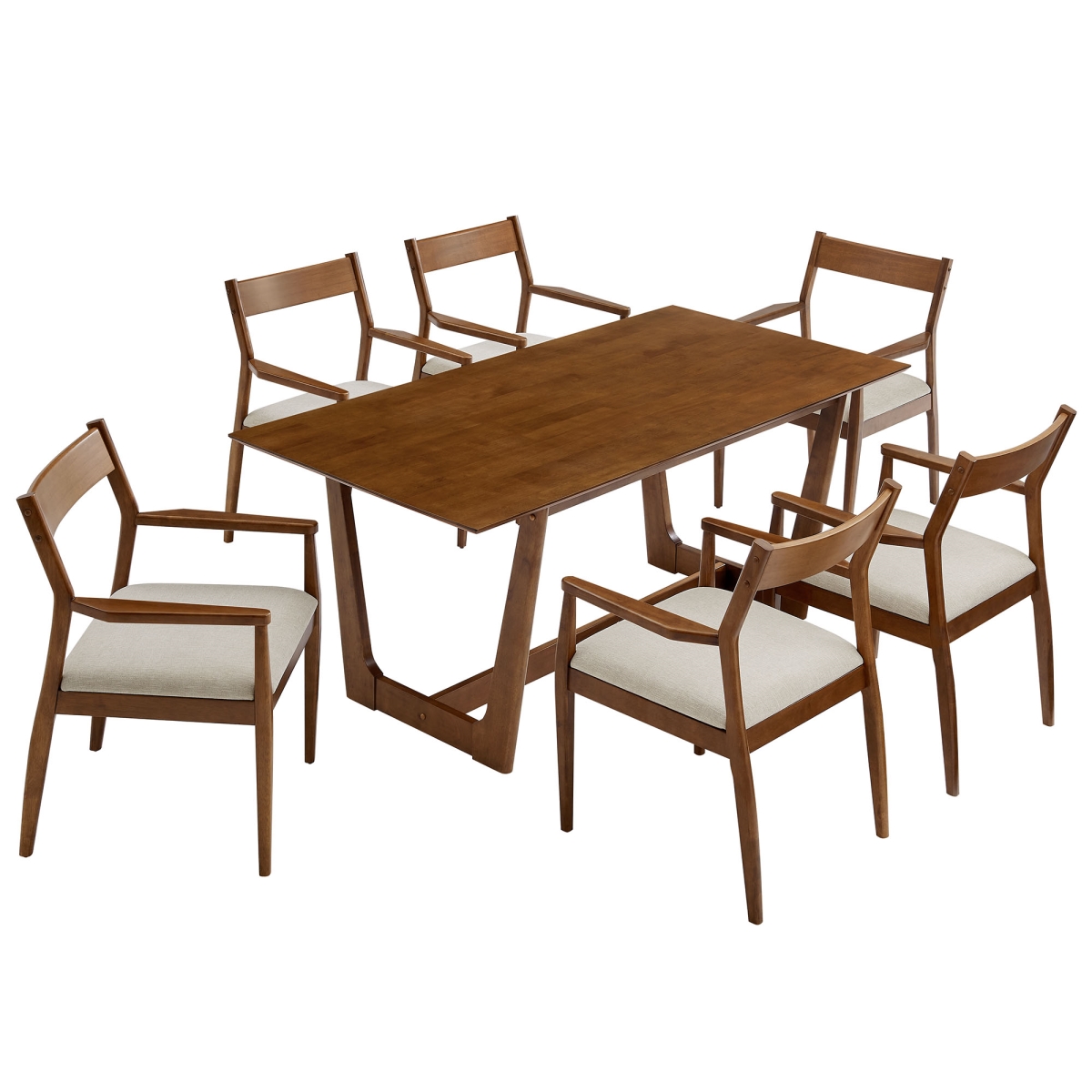 EEI-7076-WAL-HEB Solara Wood Dining Set with Fabric Upholstered Armchairs, Walnut & Heathered Weave Beige - 7 Piece