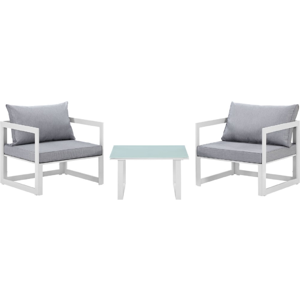 EastEnd EEI-1722-WHI-GRY-SET 3 Piece Fortuna Outdoor Patio Sectional Sofa Set, White with Gray Cushions