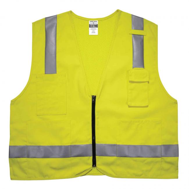 21483 Type R Class 2 High Visibility FR Surveyor Vest with Solid Front & Mesh Back for NFPA 70E, Lime - Small & Medium