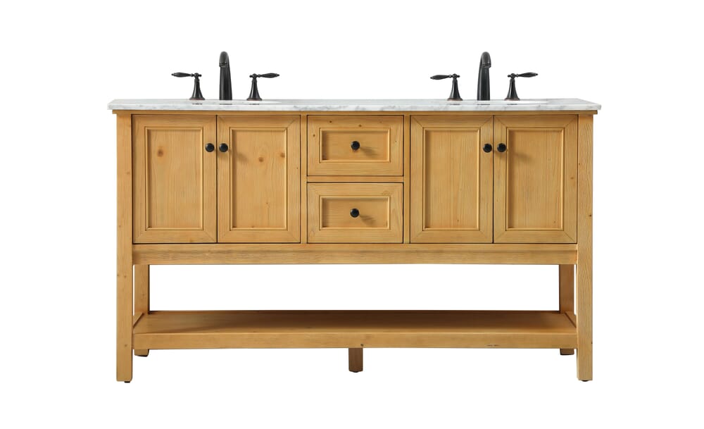 60 in. Transitional Double Bathroom Vanity, Natural Wood