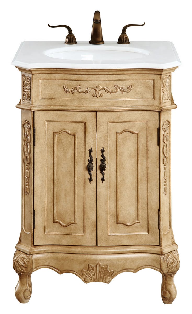 24 in. Single Bathroom Vanity with Ivory White Engineered Marble, Antique Beige