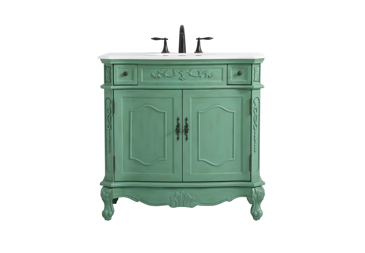 36 in. Single Bathroom Vanity with Ivory White Engineered Marble, Vintage Mint