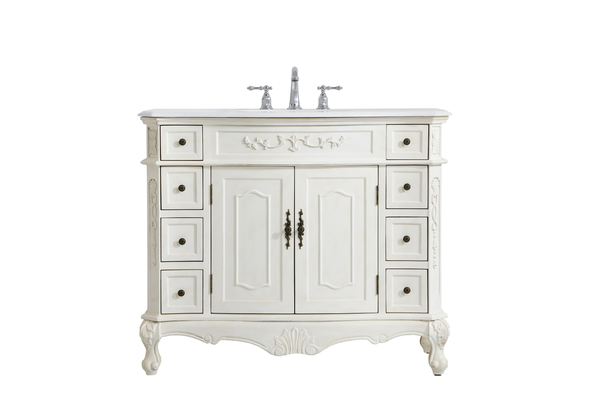 42 in. Single Bathroom Vanity with Ivory White Engineered Marble, Antique White