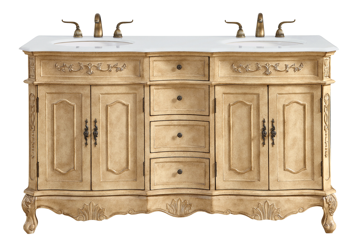 60 in. Double Bathroom Vanity with Ivory White Engineered Marble, Antique Beige