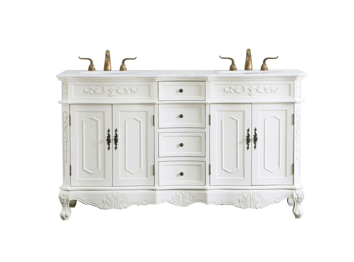 60 in. Double Bathroom Vanity with Ivory White Engineered Marble, Antique White