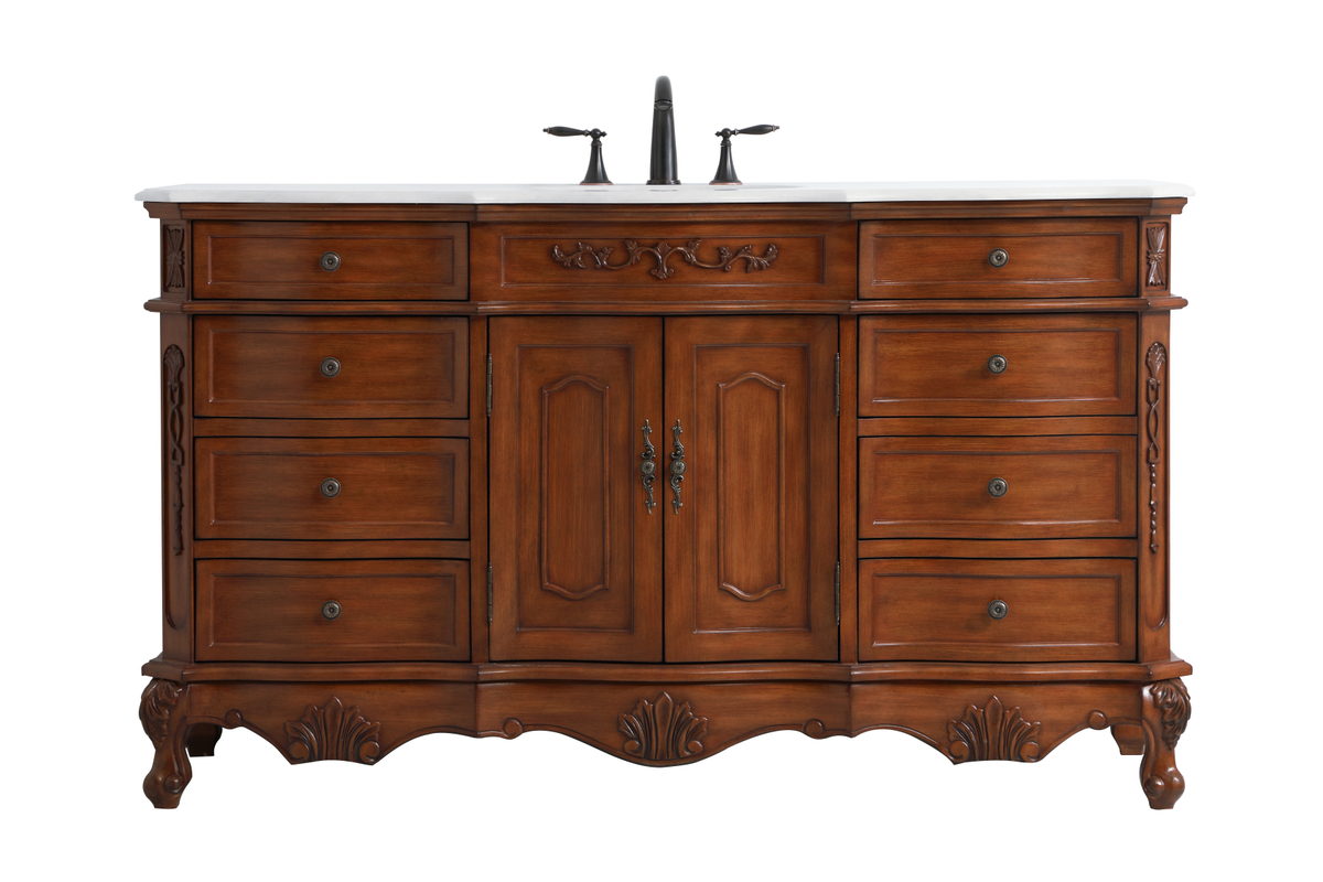 60 in. Single Bathroom Vanity with Ivory White Engineered Marble, Teak