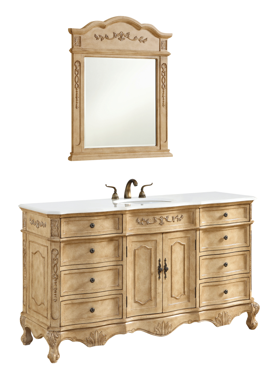 60 in. Single Bathroom Vanity with Ivory White Engineered Marble, Antique Beige