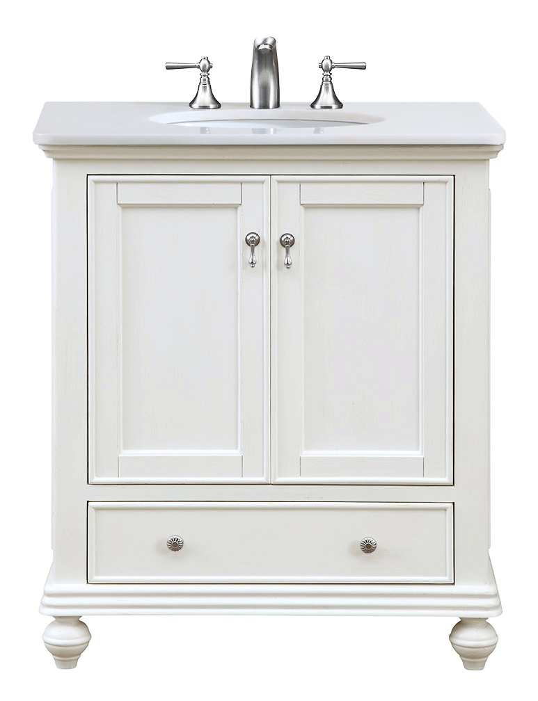 30 in. Single Bathroom Vanity with Ivory White Engineered Marble, Antique White