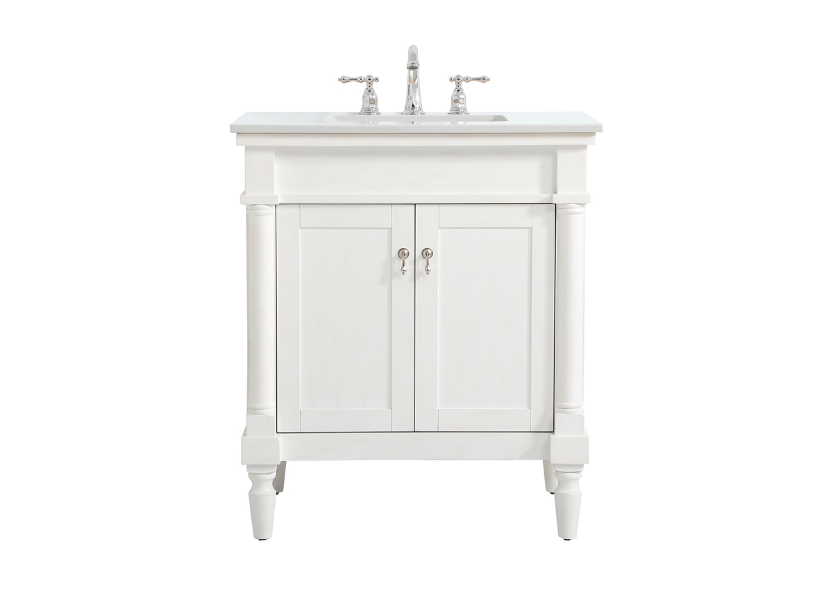 30 in. Single Bathroom Vanity with Ivory White Engineered Marble, Antique White