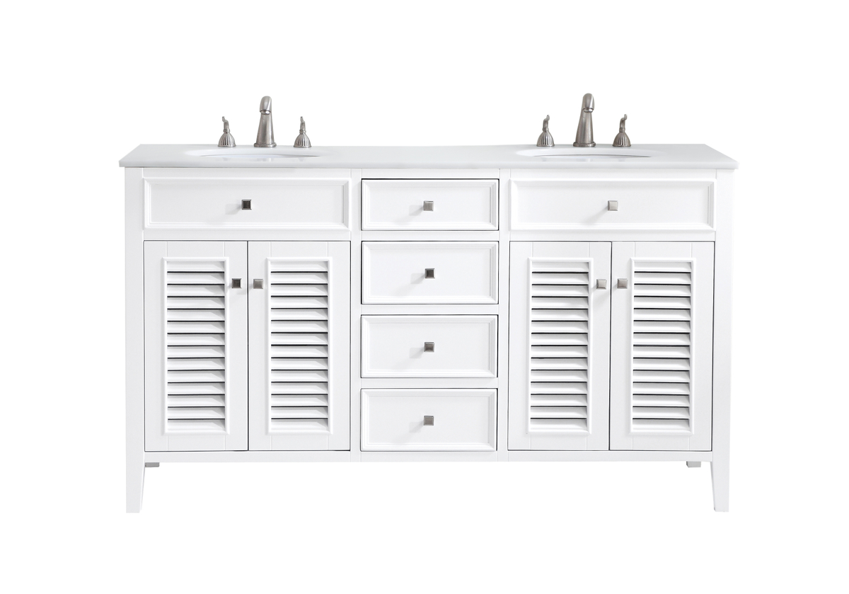 60 in. Double Bathroom Vanity with Ivory White Engineered Marble, White