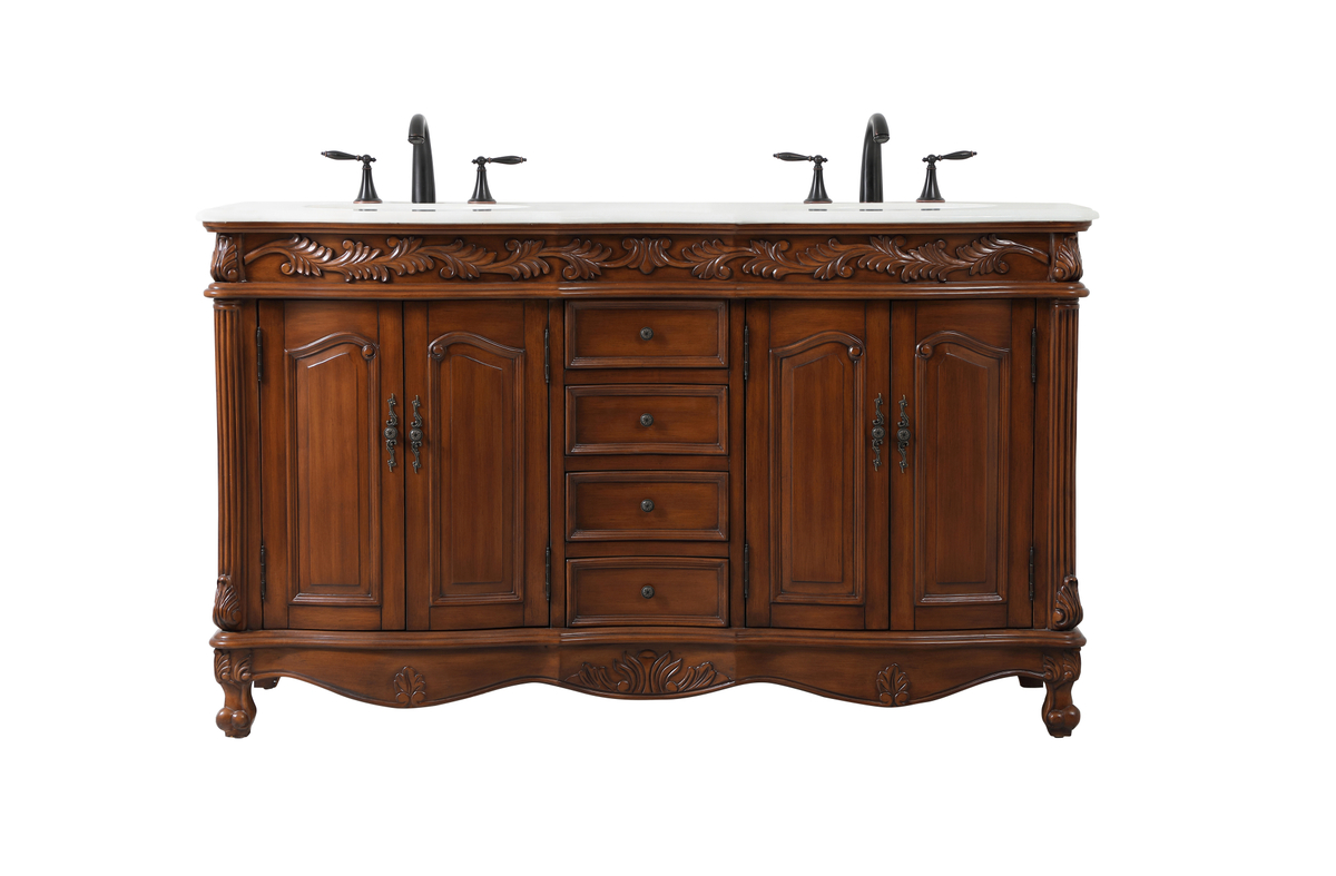 60 in. Double Bathroom Vanity with Ivory White Engineered Marble, Teak