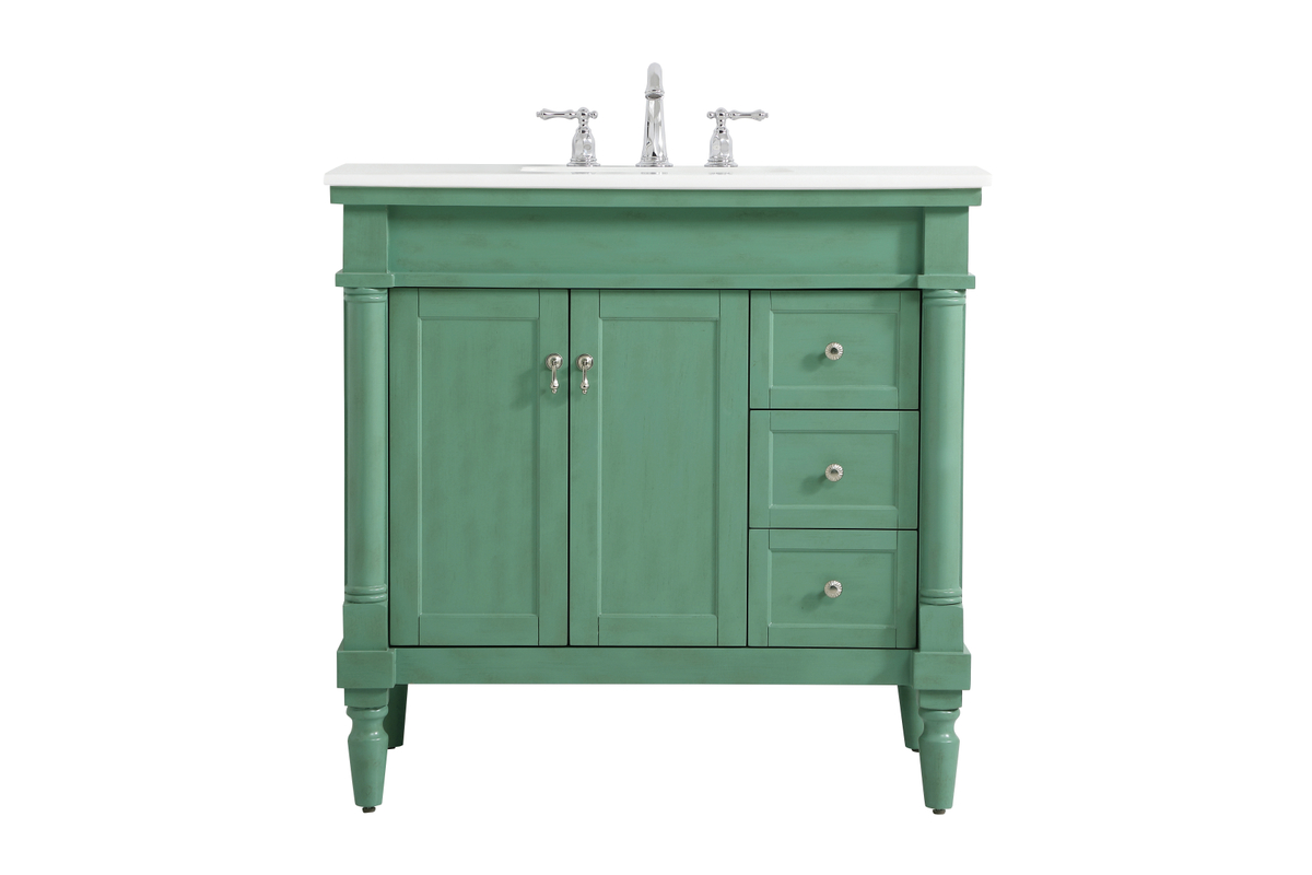 36 in. Single Bathroom Vanity with Ivory White Engineered Marble, Vintage Mint
